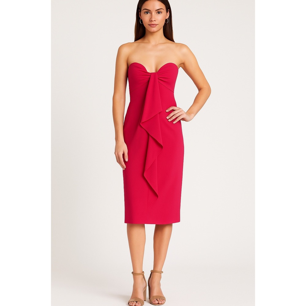 NWT BCBGMAXAZRIA Strapless Sweetheart Ruffle Front Midi Dress Red Sz 4 $398